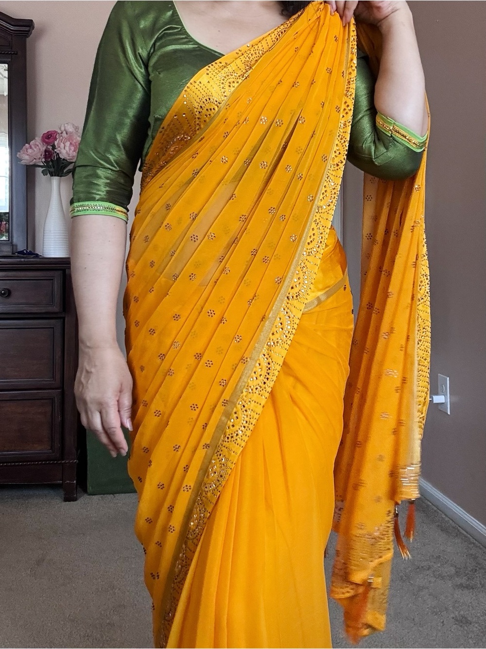 3 pieces set. Yellow Embellished Saree with Green Blouse with inner skirt .